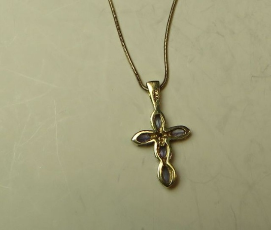 14K -yg- 20" chain w/5 pale amethyst stone cross (estate jewelry)
