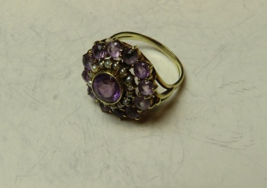 14K -yg- amethyst & pearl ring size 8 1/4" (estate jewelry)