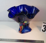 scalloped blue art glass pedestal bowl 7