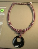 Mauve silk corded necklace w/banded agate donut - adjustable length