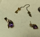 10K -yg- amethyst slider,  14K -yg- heart shaped amethyst earring (only 1) w/3 diamonds & gold tone