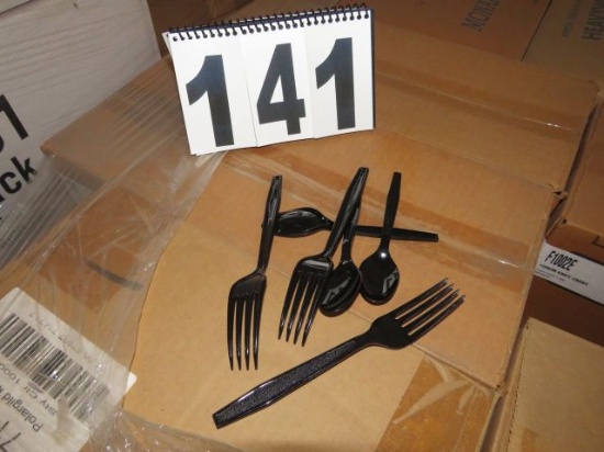 plastic utensils (11) black forks  by Forum (4) soda spoons (3) black knives (2) white tea spoons (1