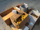 pallet lot - buckets, paint brushes, whisk brooms, shrink wrap dispensers, pencils, legal pads, glov