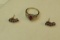 14K -yg-  post earrings & ring - size 8 7/8 - ruby surrounded by white stones & baguettes - 2 pc set