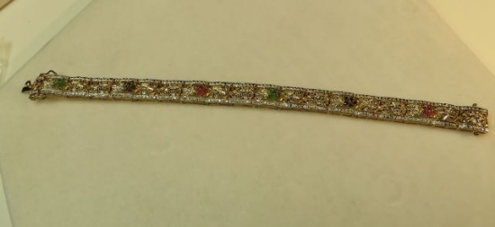 Sterling 7" bracelet w/6 clusters of colored stones (estate jewelry)