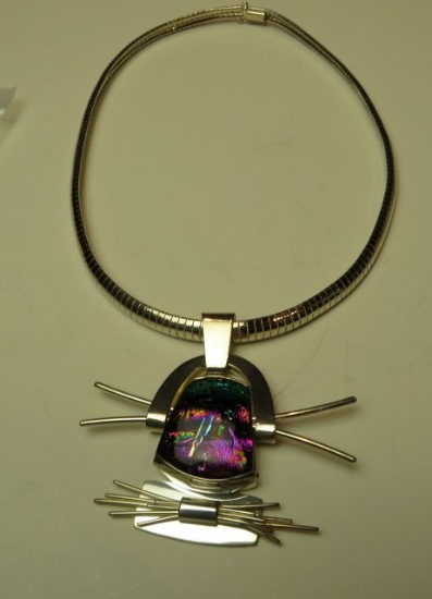 Sterling 18" omega  - 5mm wide - w/dichroic glass & sterling Cat Whisker Pendant