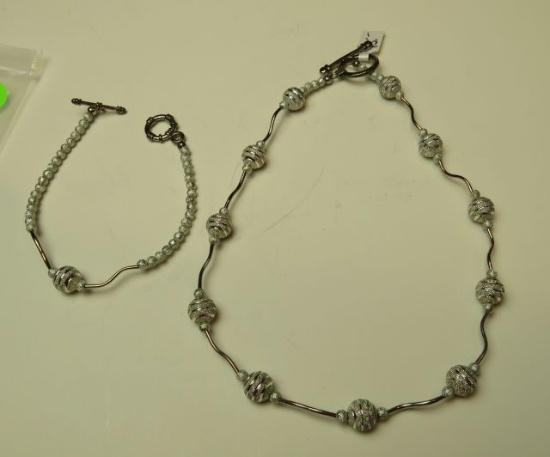 17" necklace & 7" bracelet w/ sterling waves & silver tone beads - matching 2 pc set