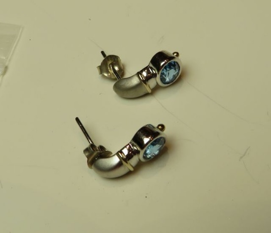Sterling post earrings w/14K -yg- band blue topaz stone