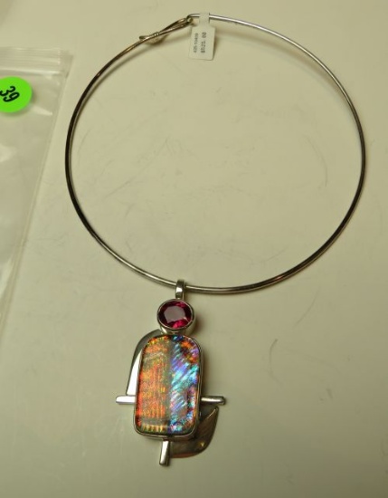 Sterling slider w/red c.z. & dichroic glass on neck wire