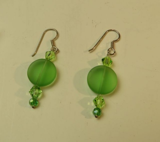 Green glass & crystal earrings w/sterling shepherd's hook