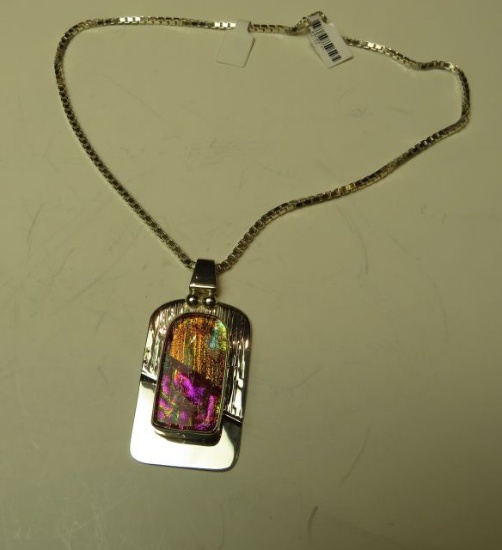 Sterling dichroic pendant on sterling frame w/18" sterling box chain - 46.2 gm total weight