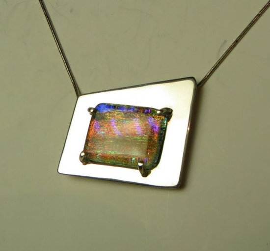 Sterling dichroic framed pendant on 18" sterling chain