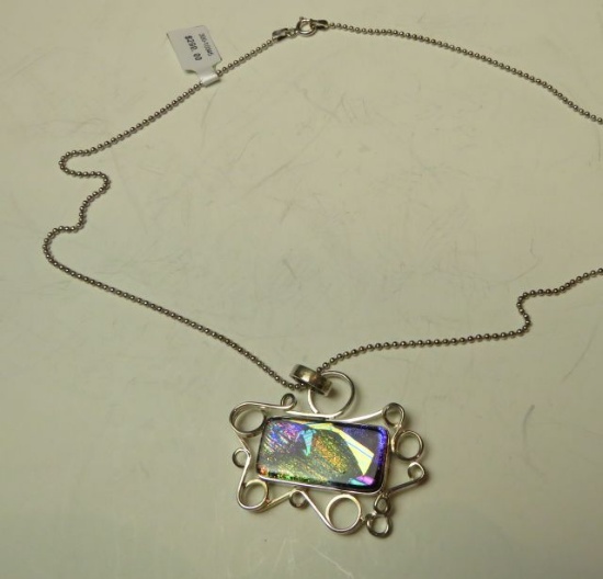 Sterling dichroic pendant framed in sterling on 20" bead chain