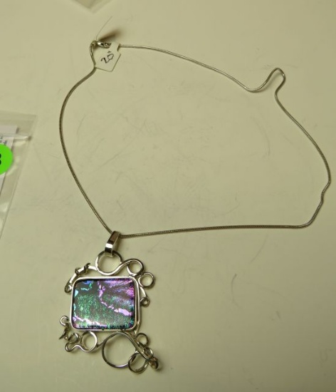 Sterling surrounded dichroic pendant on 20" snake chain