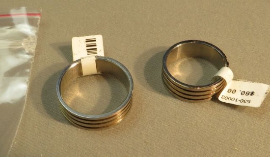 2 Stainless Steel rings  with 3 gold color insets 1 - @60 size 9, 1- @68 size 12 3/4