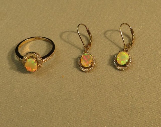 Gold plated silver Etheopian c.z. & Opal ring, size 8 & leverback earrings set