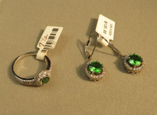Sterling Helenite round green ring size 7 1/2 with c.z's. & matching leverback earrings
