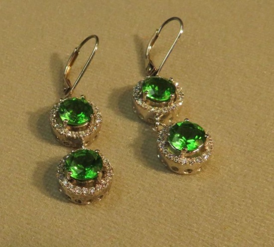 Sterling silver drop round green Helenite with c.z. leverback - earrings