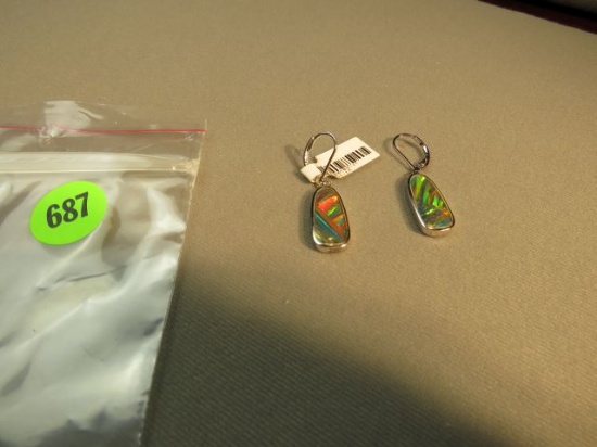 Silver plated lab opal with leverback - earrings
