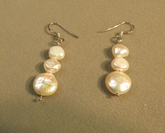 Sterling shepherds hook fresh water 3 pearl drop earrings
