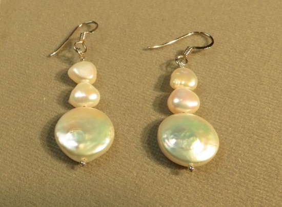 Sterling shepherds hook fresh water 3 pearl drop earrings