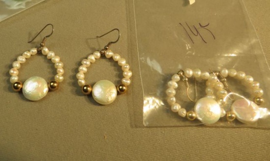 Sterling silver shepherd hook earrings - circle of pearls & 14K gold beads