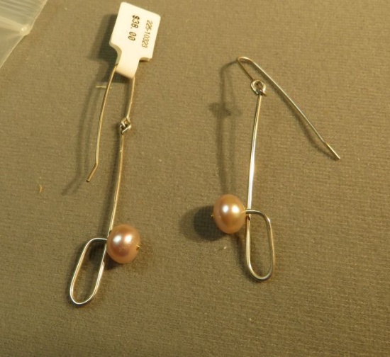 Sterling silver 2 1/2" dangle fresh water pearl earrings