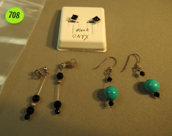 Sterling silver dangle shepherd hook turquoise & onyx earrings  & 2 onyx post earrings
