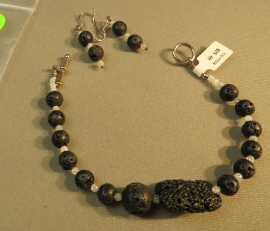 Sterling silver bracelet size 7 & shepherd hook earring set - black lava & crystal beads