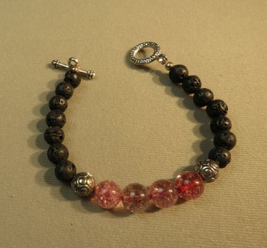 black lava beads, siver tone beads & glass beads 7 1/2" bracelet - silver tone