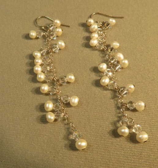 Sterling silver earrings fresh water pearl & crystals - 3" dangle