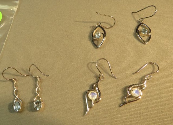 Sterling silver earrings 2 blue quartz, 1 moonstone - shepherd hook