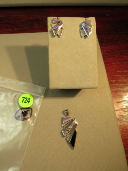 Sterling silver post earrings & pendant - abalone & onyx