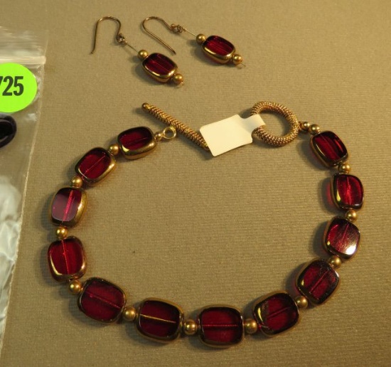 gold tone with red glass - toggle catch bracelet size 8 & matching shepherd hook earrings