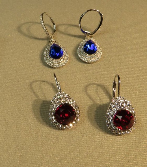 Sterling silver Swarovski crystals leverback earrings 1 -blue & 1 - red