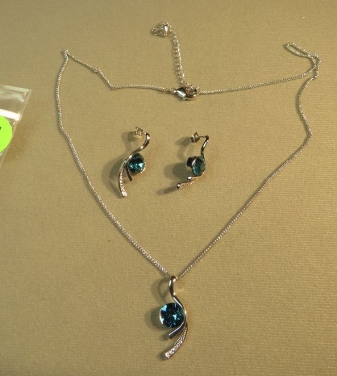 Rhodium coated post earrings & pendant - blue crystal - chain 16" adjustable