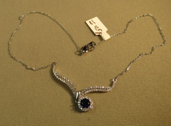 Sterling silver Rhodium coated necklace 16" - deep blue crystal & c.z