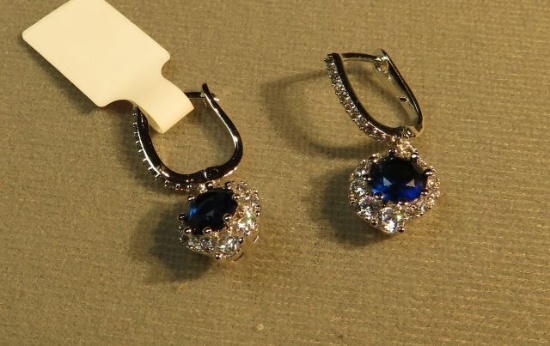 Sterling silver Rhodium coated snap bar earrings - deep blue crystals & c.z.