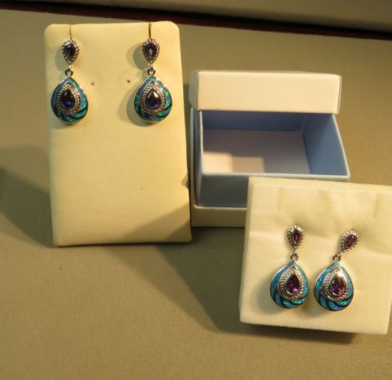 Sterling silver Rhodium coated post earrings lab opal, 1 amethyst, 1 lab tanzanite