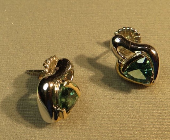 Sterling silver post earrings with 18K yg - green quartz