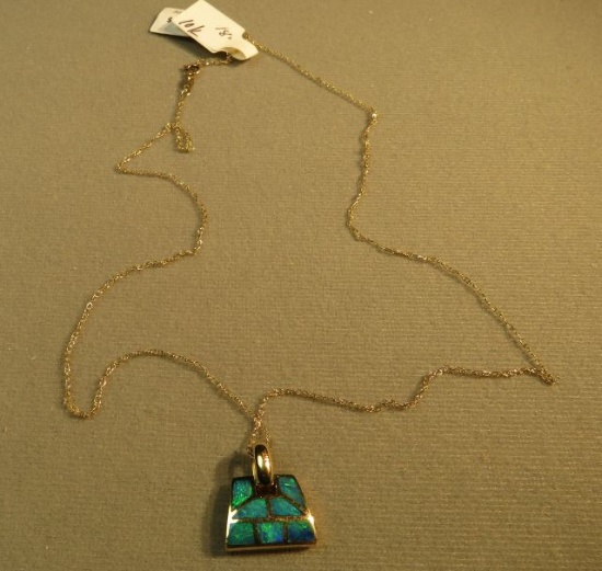 14K - yg- inlay, opal, purse shape pendant with 18" 10K yg chain