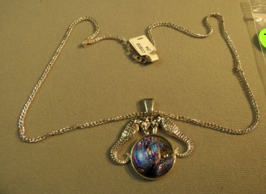 Sterling pendant with 2 seahorses & dichroic glass 18" ss chain
