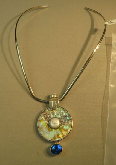 Sterling pendant with round abalone with fresh water pearl & blue stone (neck wire included)