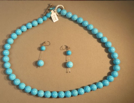 24" Turquoise round beads with sterling toggle & lever back dangle earrings (2 pc set)