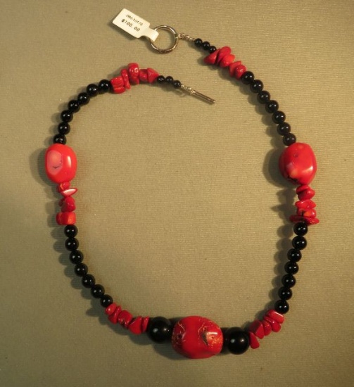 16" necklace w/enhanced red coral & onyx beads, toggle clasp