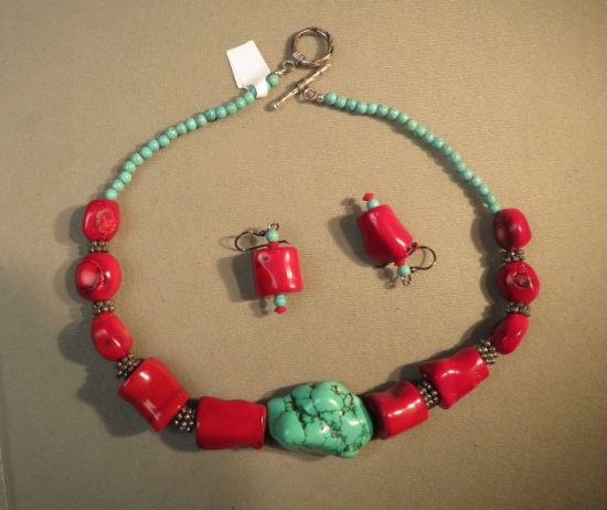 17" necklace w/enhanced red coral & turquoise silvertone beads  & matching earrings with shepherd's