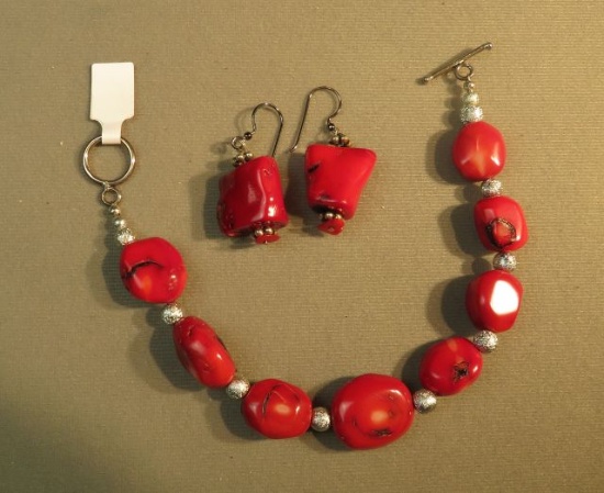 8" bracelet w/enhanced red coral with silvertone beads  &atching earrings with shepherd's hook