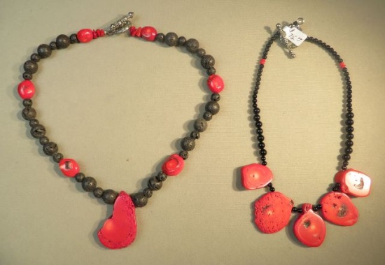 18" necklace - enhanced red coral w/ lava beads & 16" necklace w/enhanced red coral & onyx beads