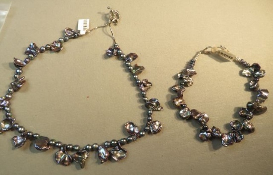 15" necklace & 8" bracelet - Keshi black dyed pearls w/silver clasp  (2 pc set)