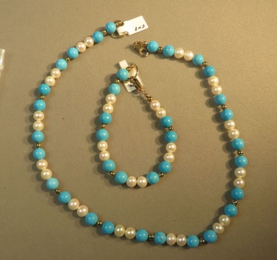 18" necklace & 8" bracelet - turquoise & fresh water pearl w/smaller gold beads  (2 pc set)